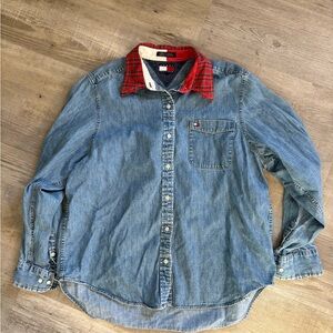 Denim Shirt with Red Plaid Collar